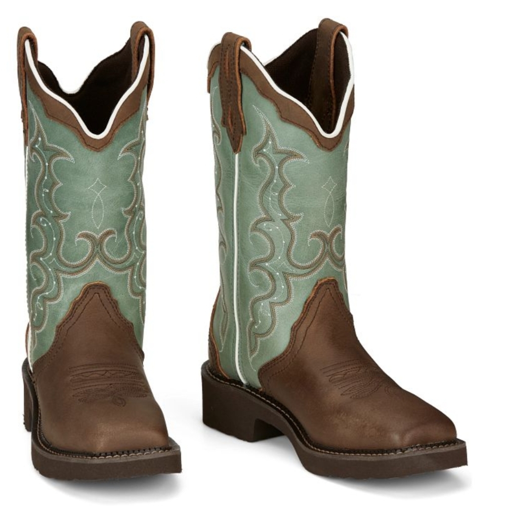 Brown and Green Western Cowboy Boots with Square Toe